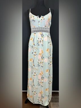 #159- Forever 21 Mint Green Floral Maxi Skirt with Peach & Gold Blooms